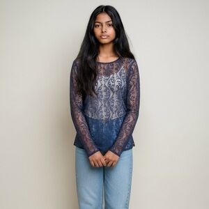 LOFT Blue Sheer Lace Long Sleeve Blouse
